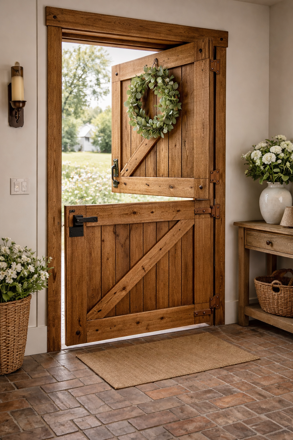 Solid Wood Farmhouse Dutch Door, Handcrafted Diagonal Plank Entryway Door