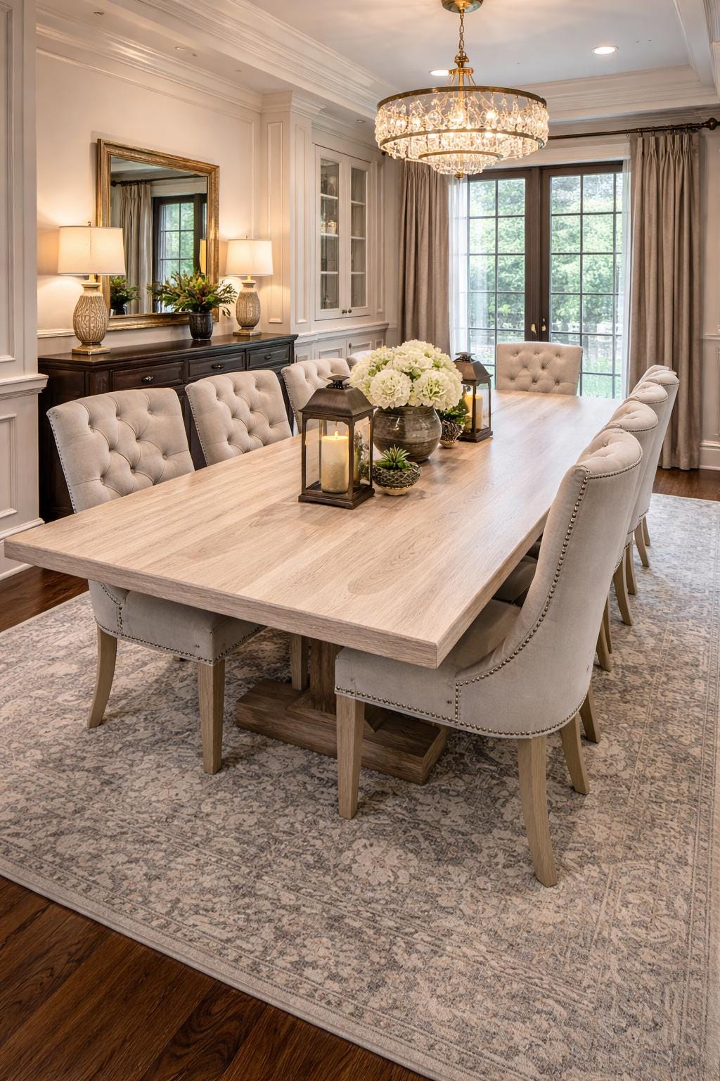 Solid White Oak Farmhouse Dining Table, 12ft Custom Hardwood Pedestal Base