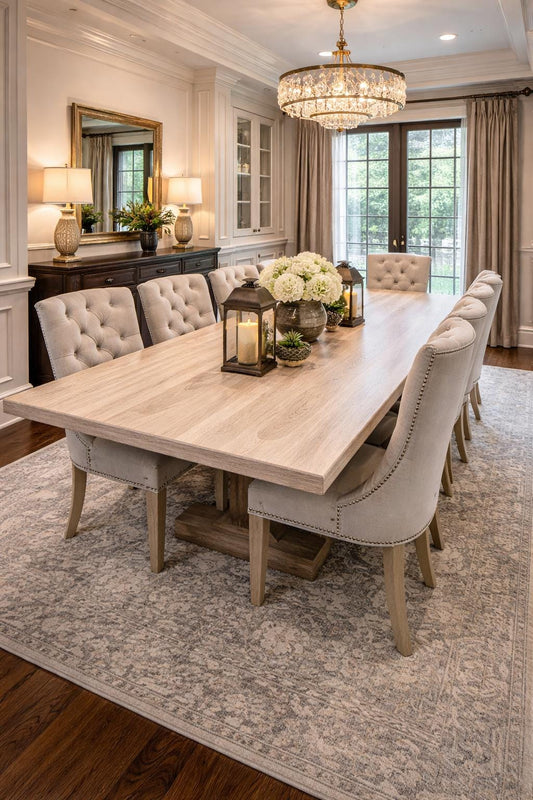 Solid White Oak Farmhouse Dining Table, 12ft Custom Hardwood Pedestal Base