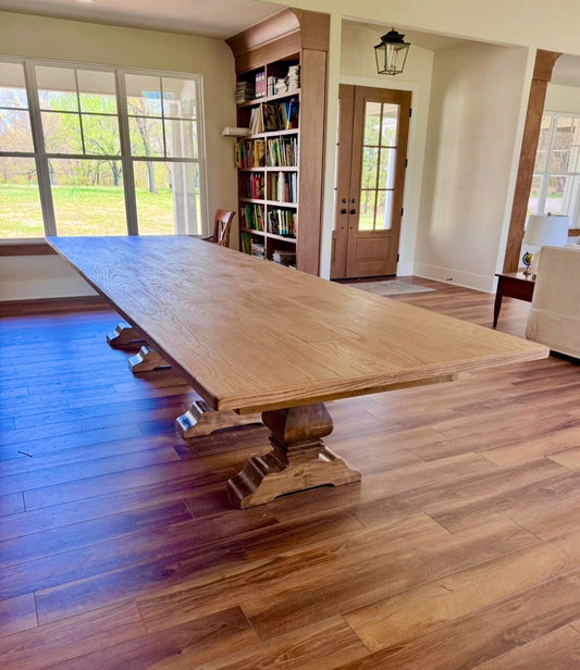 10ft Solid White Oak Farmhouse Dining Table | Heavy Pedestal Base, Custom Hardwood